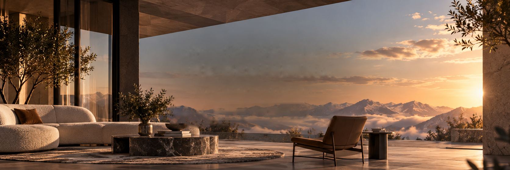 Terrasse aménagée face aux montagnes au coucher du soleil