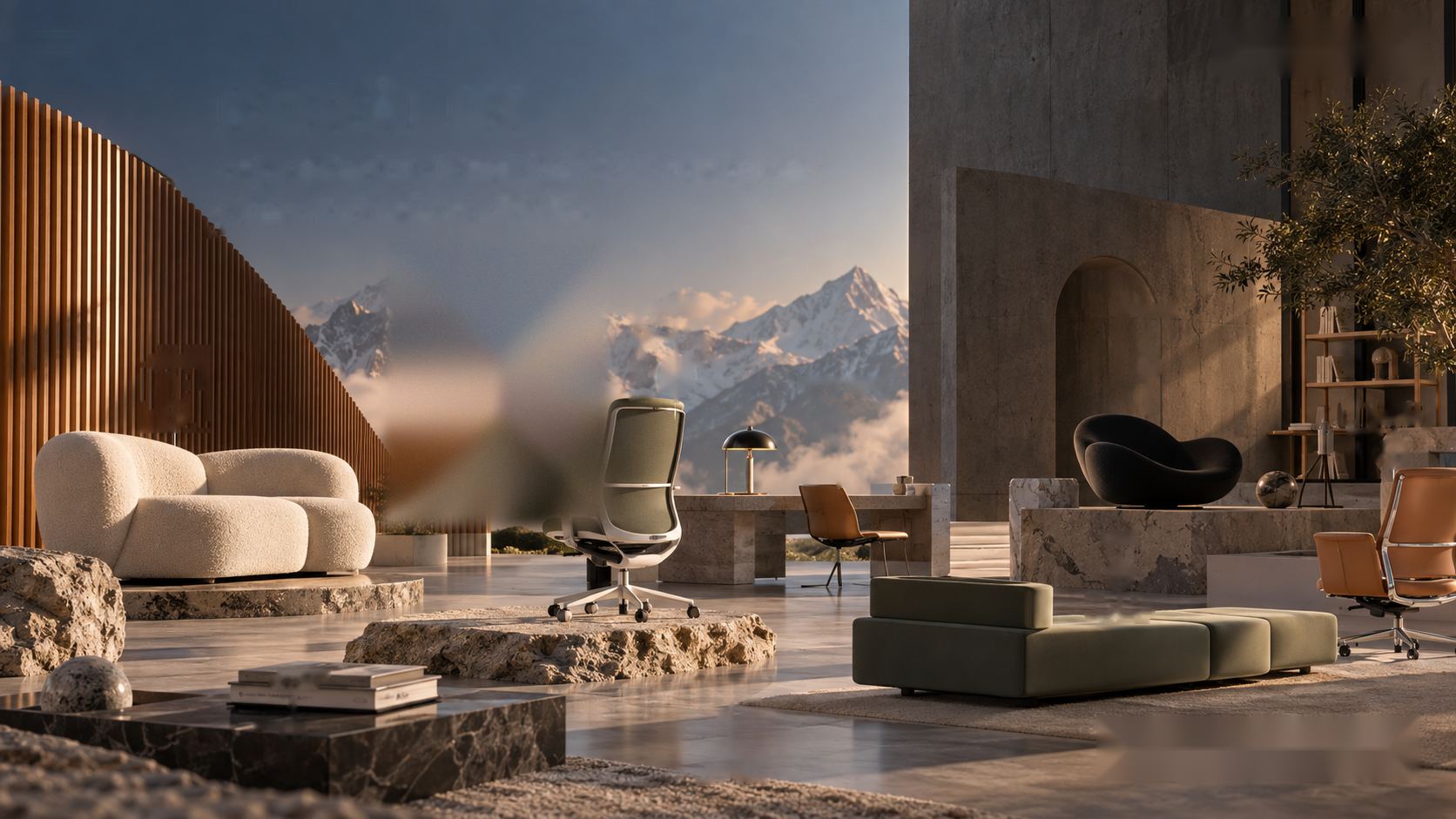 Showroom KORÂLUX : assises, sièges de bureau et canapés de marques internationales face aux montagnes
