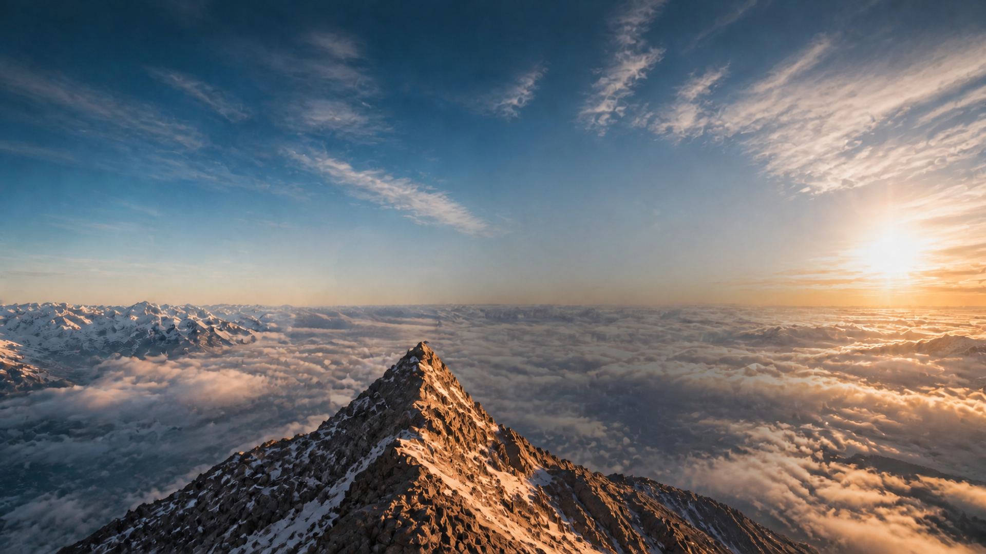 Sommet enneigé émergeant d’une mer de nuages au lever du soleil