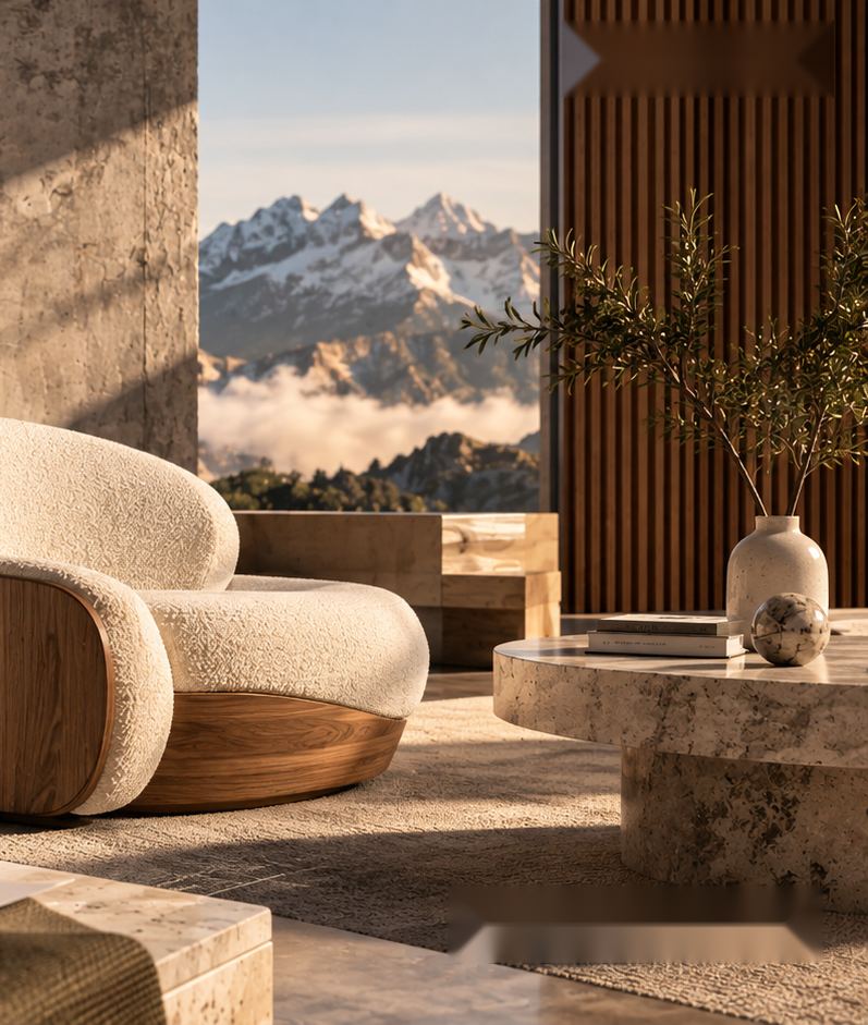 Fauteuil sur mesure en tissu bouclé et noyer, installé face aux montagnes
